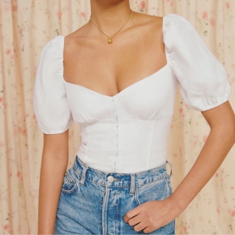 Reformation Rome Top in White Linen - Size 12